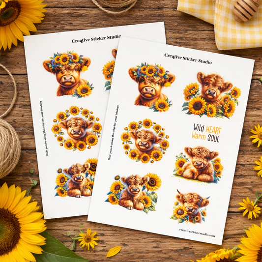 Sticker Sheet Set of 2 - Highland Cows Wild Sunflowers