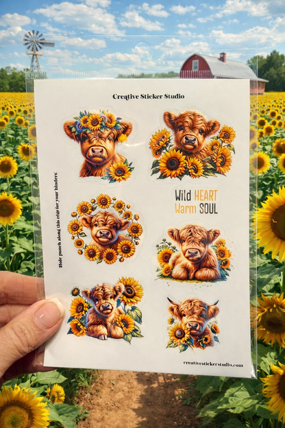 Sticker Sheet Set of 2 - Highland Cows Wild Sunflowers