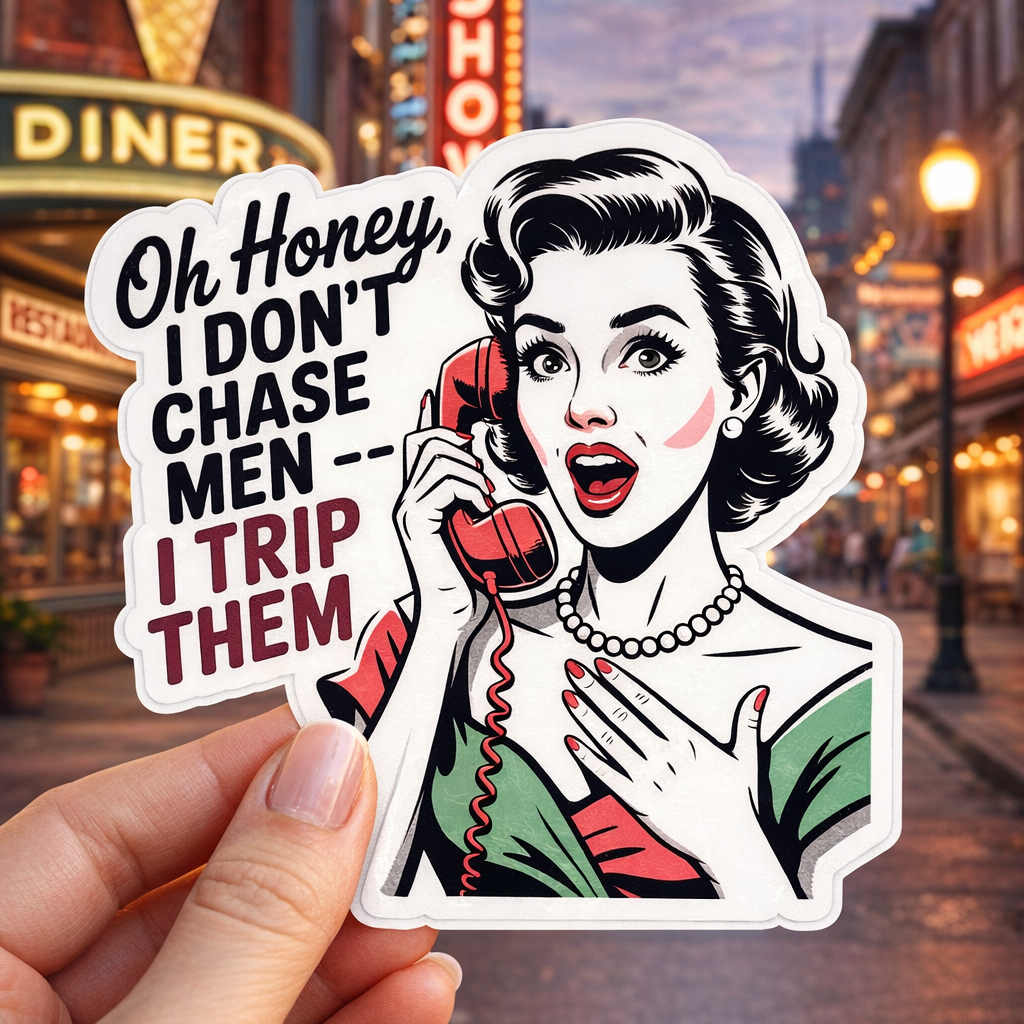 Sticker with a vintage-style illustration of a woman on a phone held over a city street background.