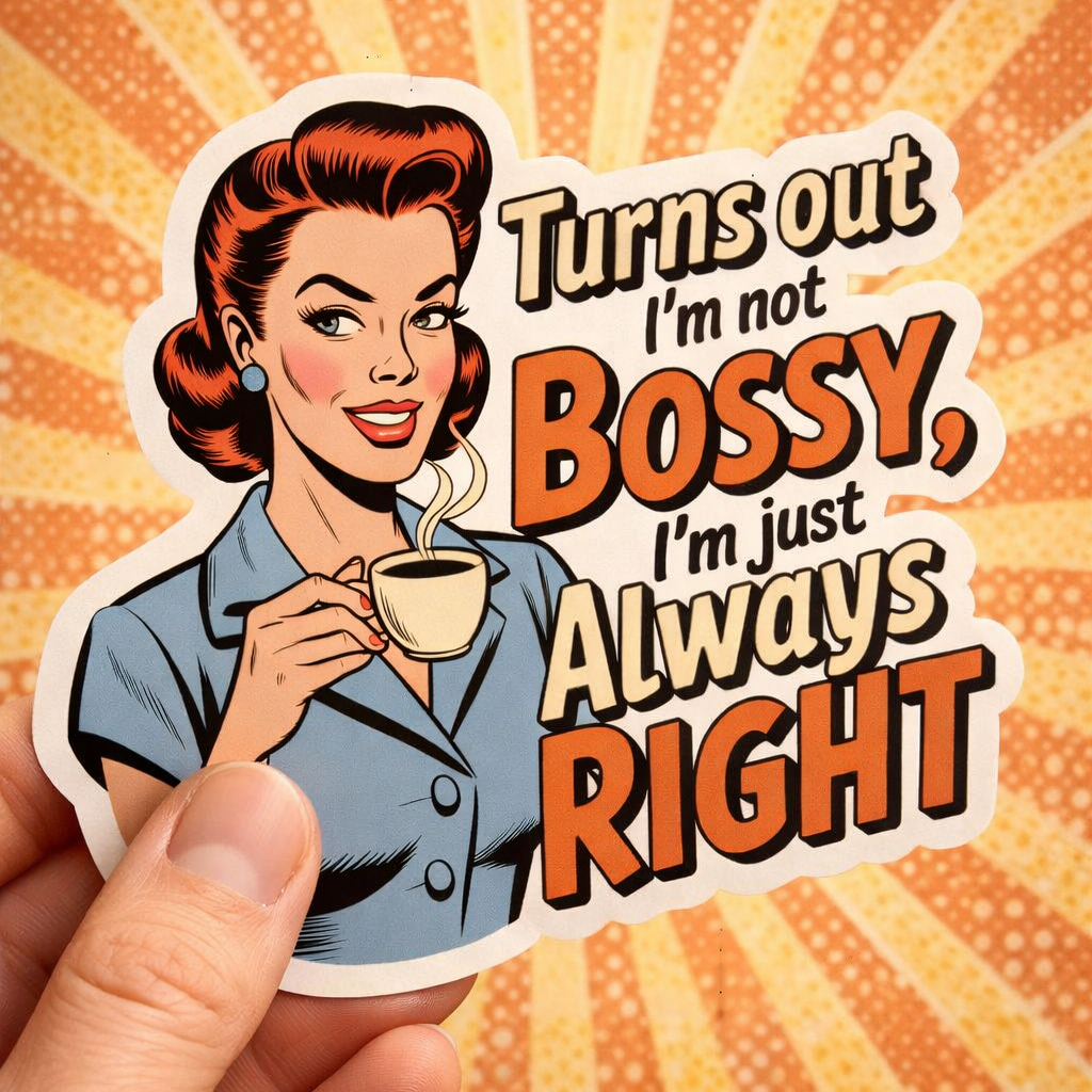 Sticker with a retro-style illustration of a woman holding a coffee cup and text on an orange background.