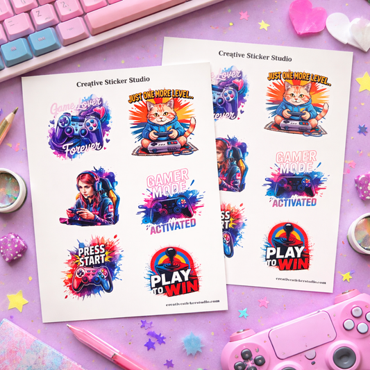 Sticker Sheet Set of 2 - Gamer Girl w Cat