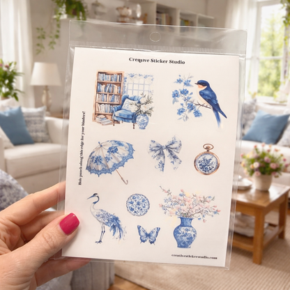 Sticker Sheet Set of 2 -Blue & White Chinoiserie w Bird