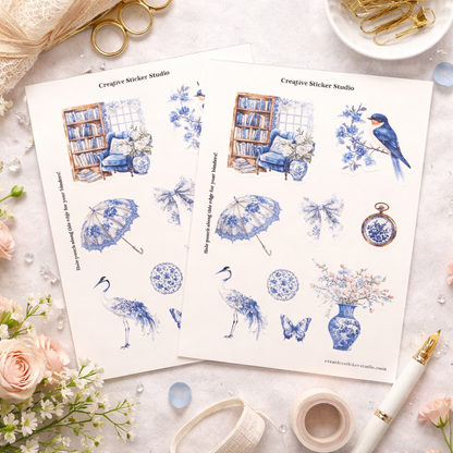 Sticker Sheet Set of 2 -Blue & White Chinoiserie w Bird