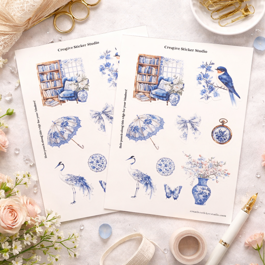 Sticker Sheet Set of 2 -Blue & White Chinoiserie w Bird