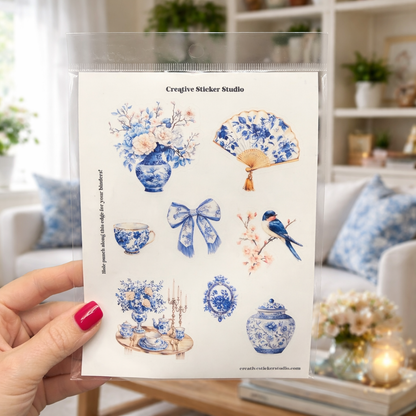 Sticker Sheet Set of 2 -Blue & White Chinoiserie w Fan
