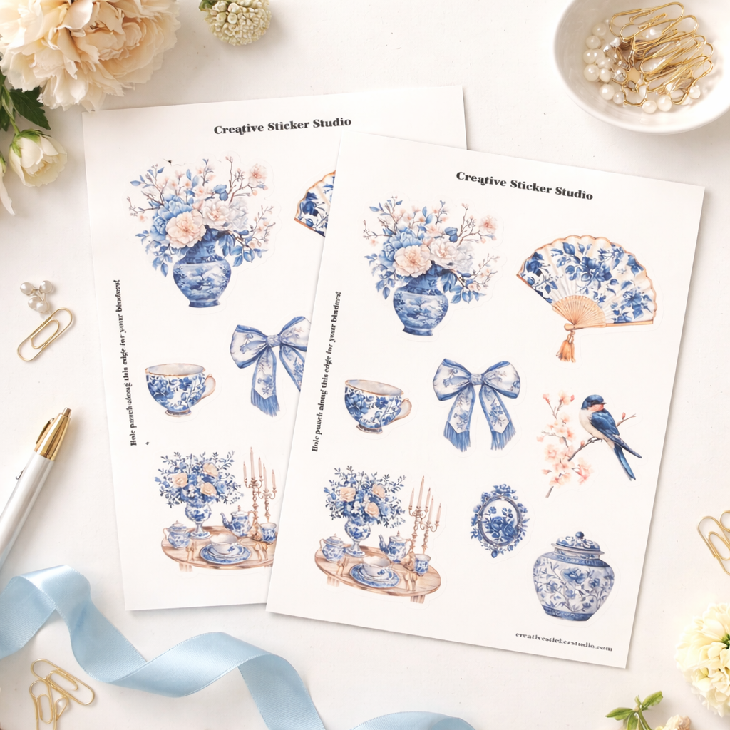Sticker Sheet Set of 2 -Blue & White Chinoiserie w Fan