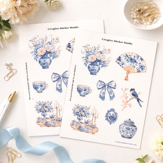 Sticker Sheet Set of 2 -Blue & White Chinoiserie w Fan