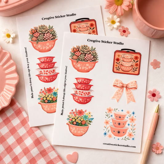 Sticker Sheet Set of 2 - Vintage Dishes in Pink