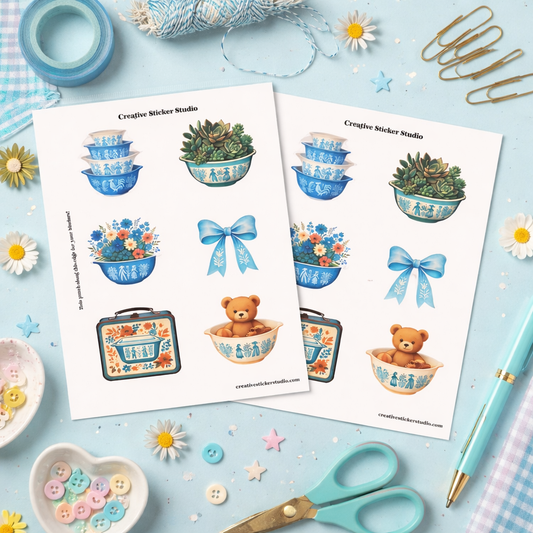 Sticker Sheet Set of 2 - Vintage Dishes in Blue