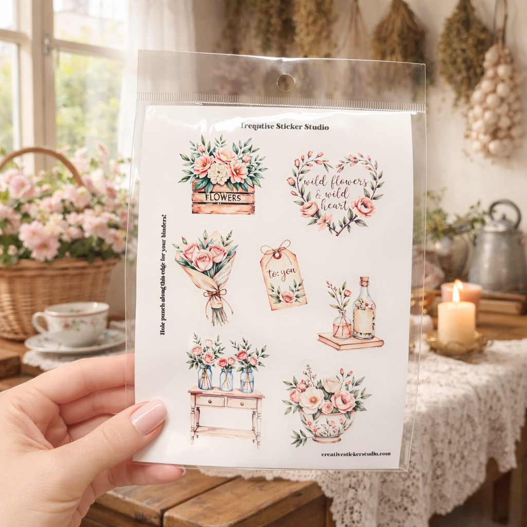 Sheet of floral stickers held by a hand with a decorative background
