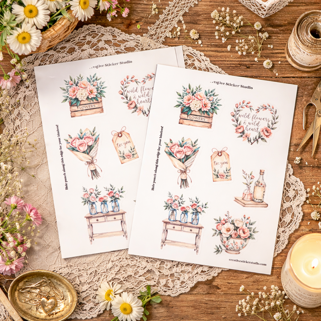 Floral-themed sticker sheets on a wooden surface with lace and flowers.