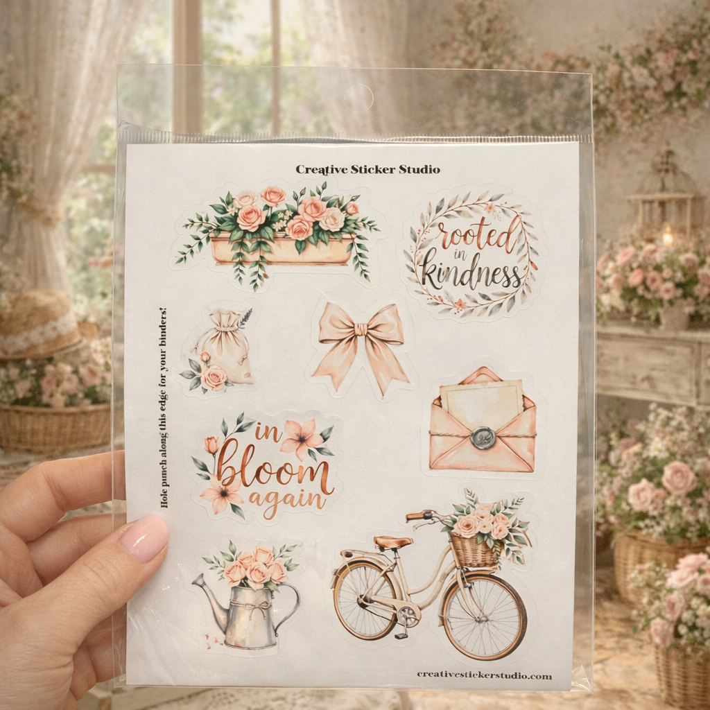 Sheet of decorative stickers featuring flowers, a bicycle, and text held by a hand with a floral background.