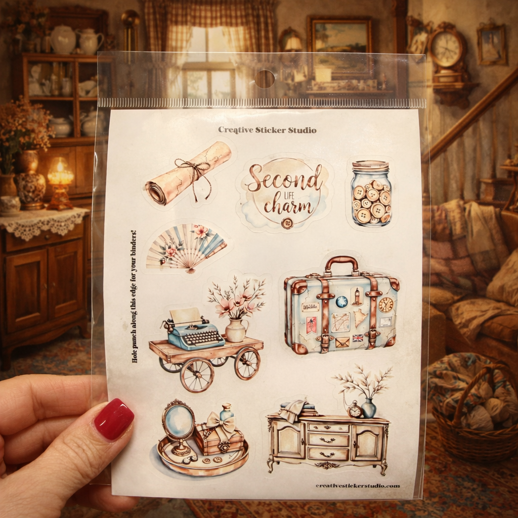 Sheet of stickers with vintage-themed illustrations held in front of a cozy room.