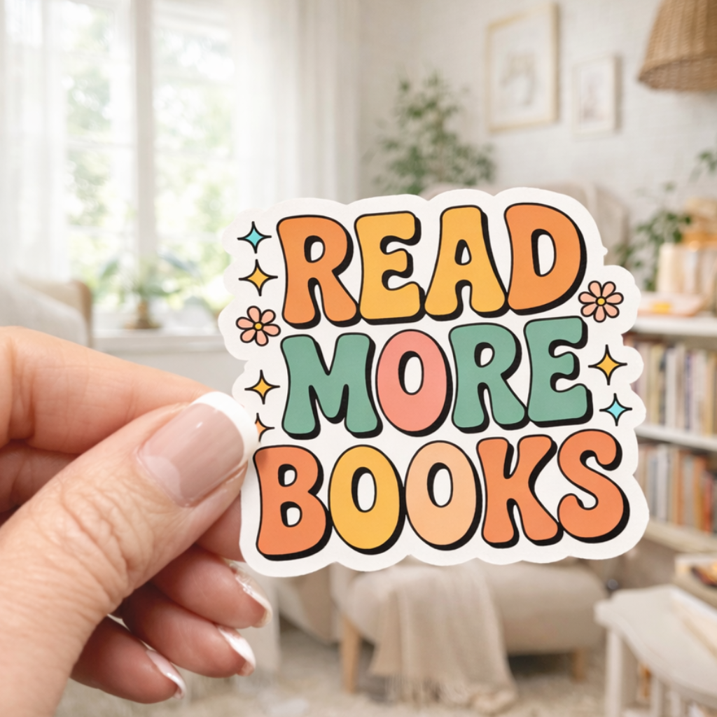 Hand holding a 'Read More Books' sticker in a cozy room with a bookshelf.