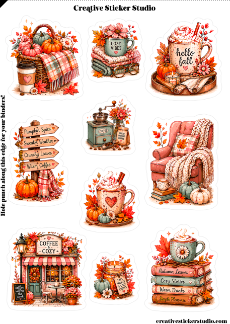 A sheet of autumn-themed sticker designs with illustrations of pumpkins, mugs, books, a cozy chair, a coffee shop, and fall leaves. The sheet includes the text 'Creative Sticker Studio' at the top and a note on the left side about punching holes along the edge.