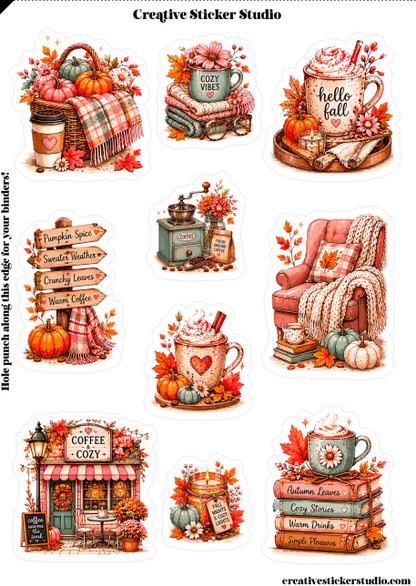 A sheet of autumn-themed sticker designs with illustrations of pumpkins, mugs, books, a cozy chair, a coffee shop, and fall leaves. The sheet includes the text 'Creative Sticker Studio' at the top and a note on the left side about punching holes along the edge.