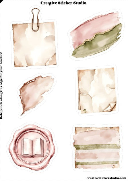 Collection of decorative elements including paper, paint strokes, and a wax seal stamp on a white background.