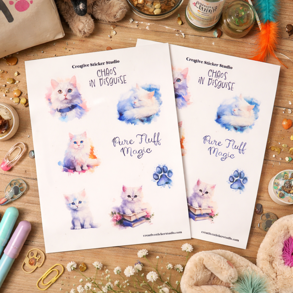 Sticker Sheet Set of 2 - White Kitty Cats Fluff
