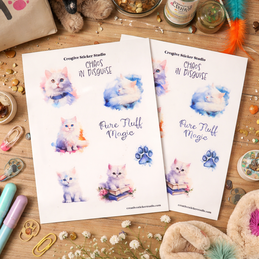 Sticker Sheet Set of 2 - White Kitty Cats Fluff