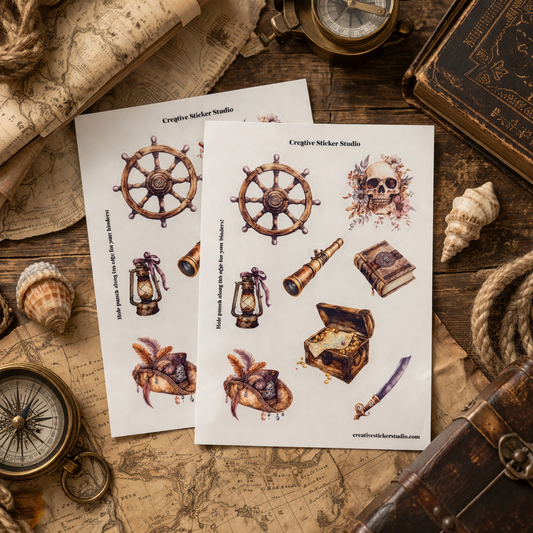 Two sheets of vintage-themed stickers on a wooden surface with nautical items.