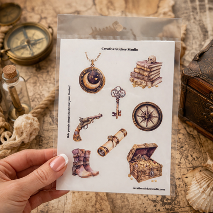 Sheet of vintage-style stickers held by a hand on an old map background.