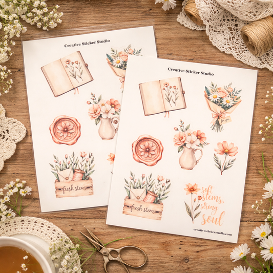 Two sheets of floral and nature-themed stickers on a wooden surface with flowers and lace.