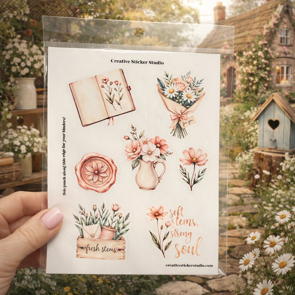 Sheet of floral and nature-themed stickers held in front of a garden background