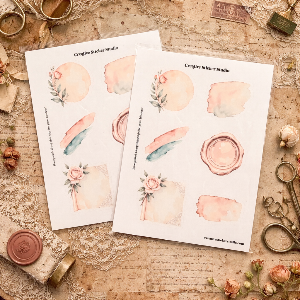 Two sheets of floral and nature-themed stickers from Creative Sticker Studio on a rustic background with vintage scissors and flowers.
