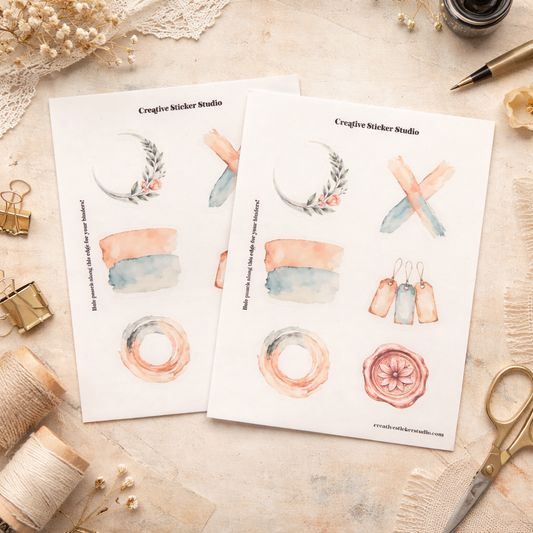 Two sheets of watercolor stickers from Creative Sticker Studio on a decorative surface with scissors and thread.