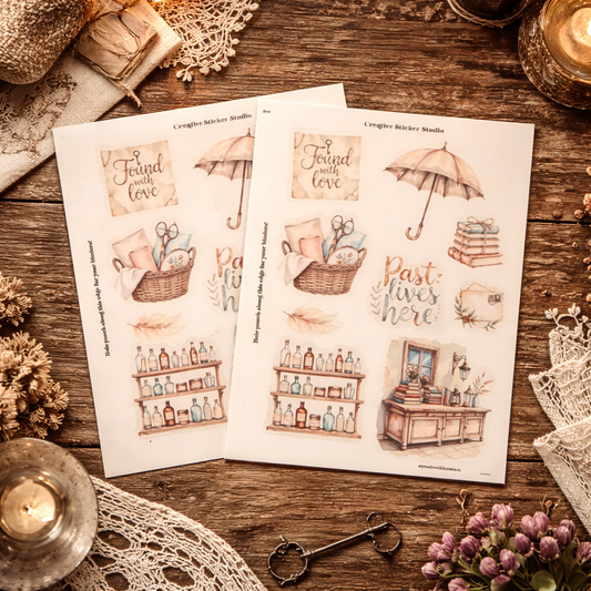 Two printed pages with illustrations of shelves and text on a wooden surface with decorative items.
