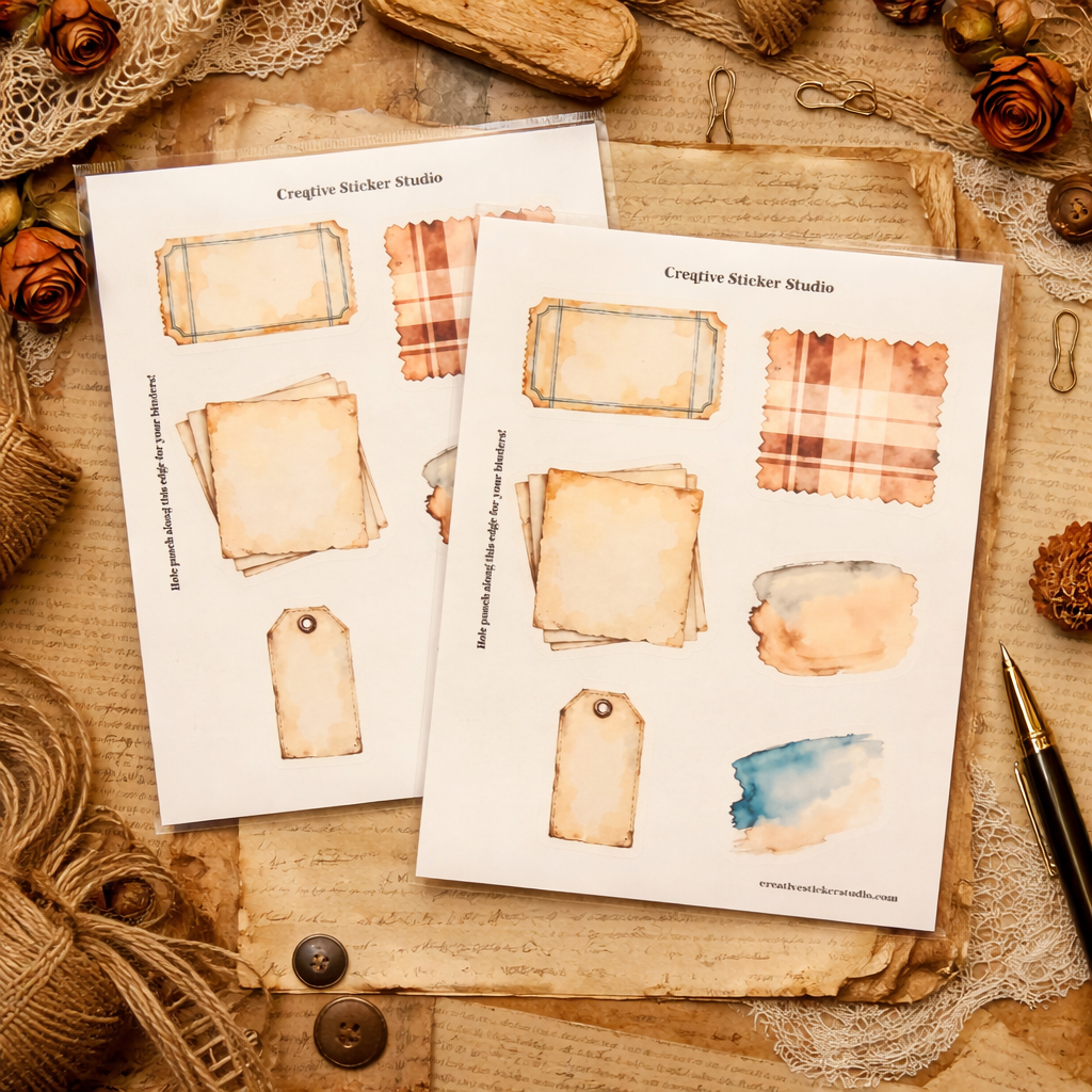 Two sheets of vintage-style stickers from Creative Sticker Studio on a rustic background with buttons and twine.