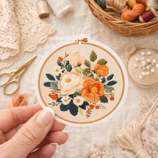 Embroidery hoop with floral design held by a hand, surrounded by embroidery tools on a light background.