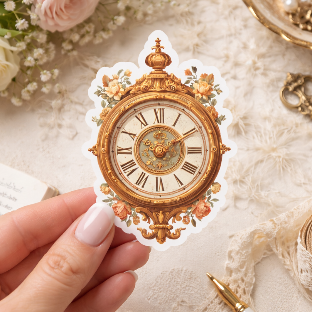 Decorative clock sticker held by a hand with flowers and lace in the background