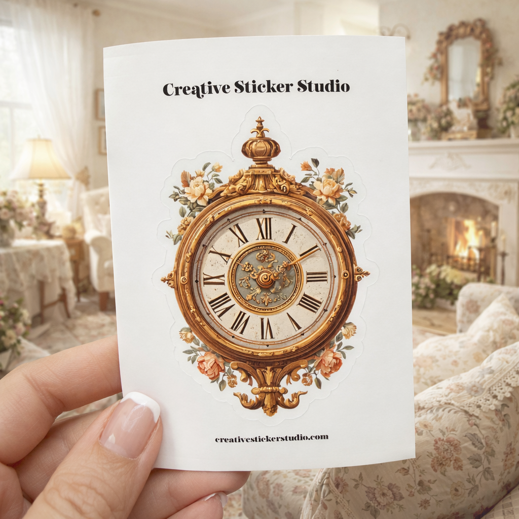 Hand holding a card with an ornate clock design and 'Creative Sticker Studio' branding.