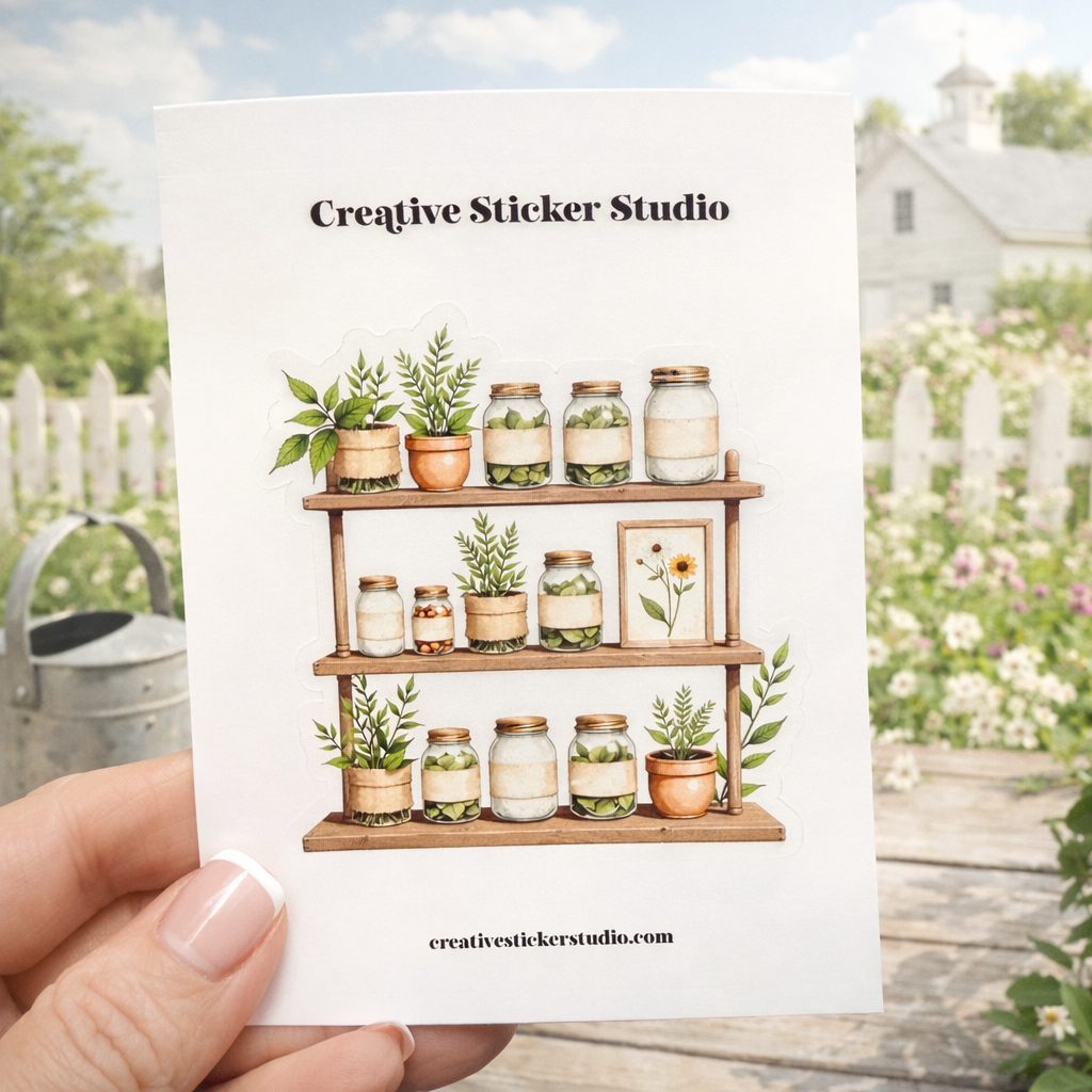 Hand holding a sticker card with a design of plants and jars, branded 'Creative Sticker Studio'.