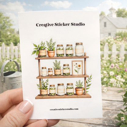 Hand holding a sticker card with a design of plants and jars, branded 'Creative Sticker Studio'.