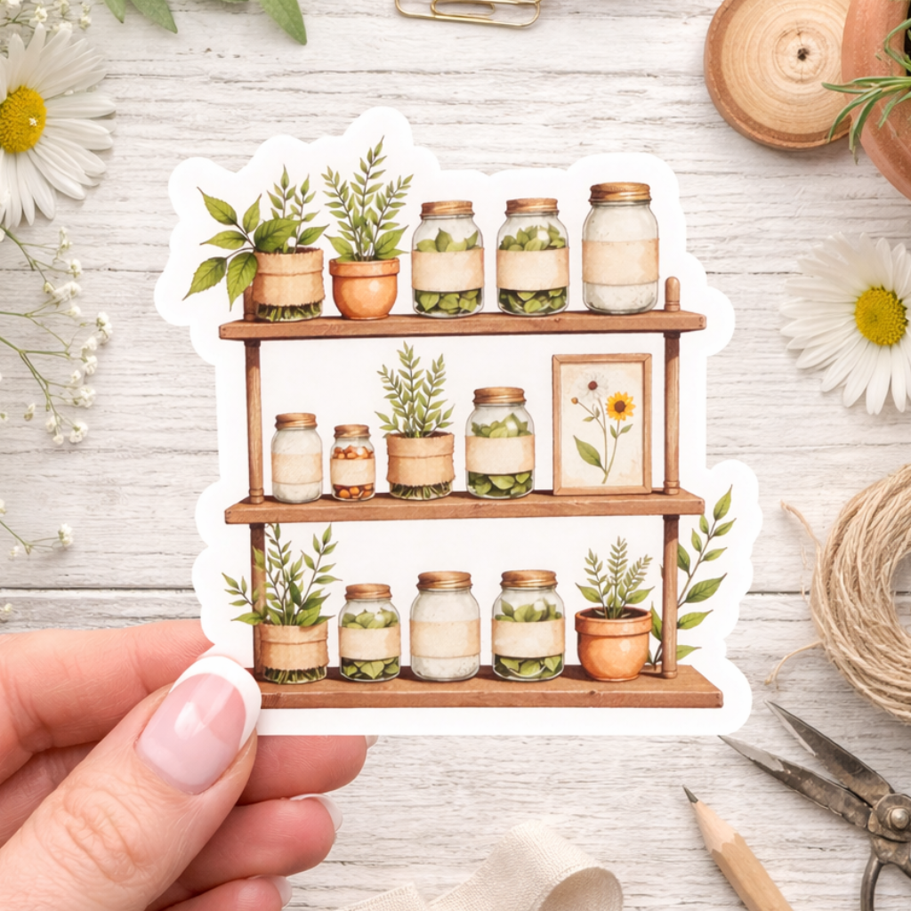 Sticker of a wooden shelf with plants and jars held by a hand on a wooden surface with flowers and twine.