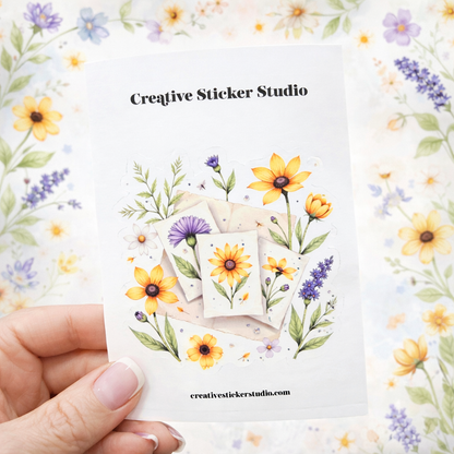Hand holding a floral sticker card with 'Creative Sticker Studio' branding.
