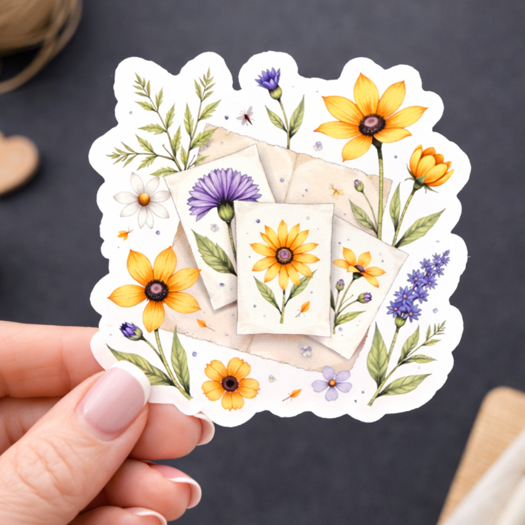 Hand holding a decorative sticker with floral designs on a dark background