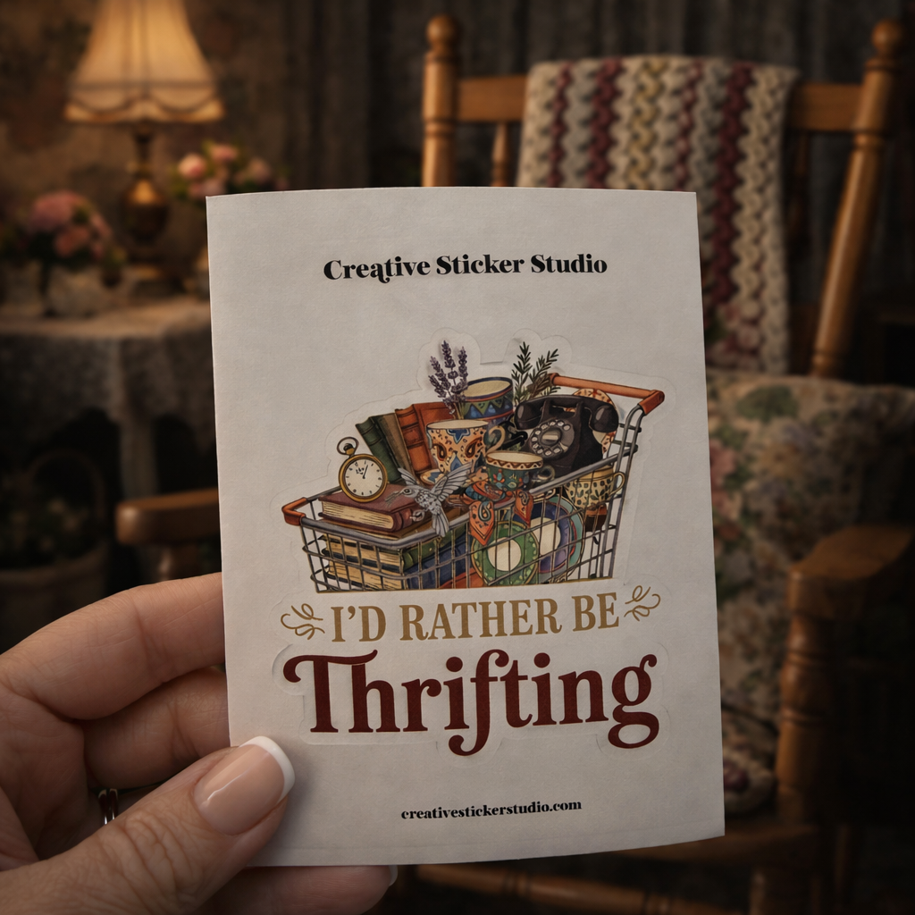 Sticker Card with 'I'd Rather Be Thrifting' design held by a hand in a cozy room.