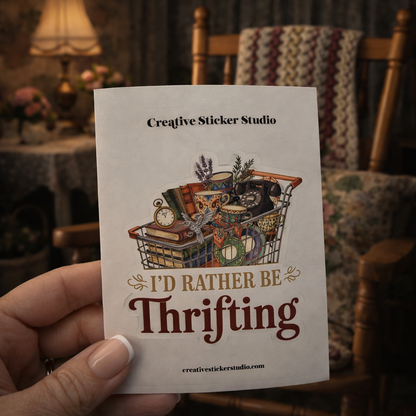 Sticker Card with 'I'd Rather Be Thrifting' design held by a hand in a cozy room.