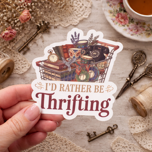 Hand holding a sticker with 'I'd Rather Be Thrifting' text on a vintage-themed background.