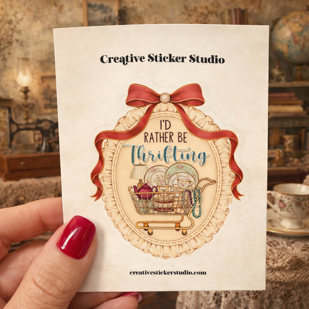 Sticker Card with 'I'd Rather Be Thrifting' design and Creative Sticker Studio branding.