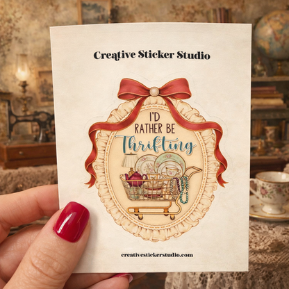 Sticker Card with 'I'd Rather Be Thrifting' design and Creative Sticker Studio branding.