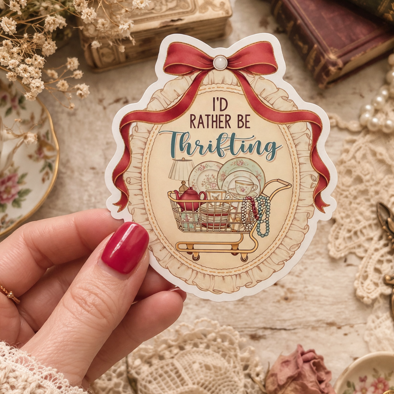 Hand holding a sticker with 'I'd Rather Be Thrifting' text on a vintage-themed background.