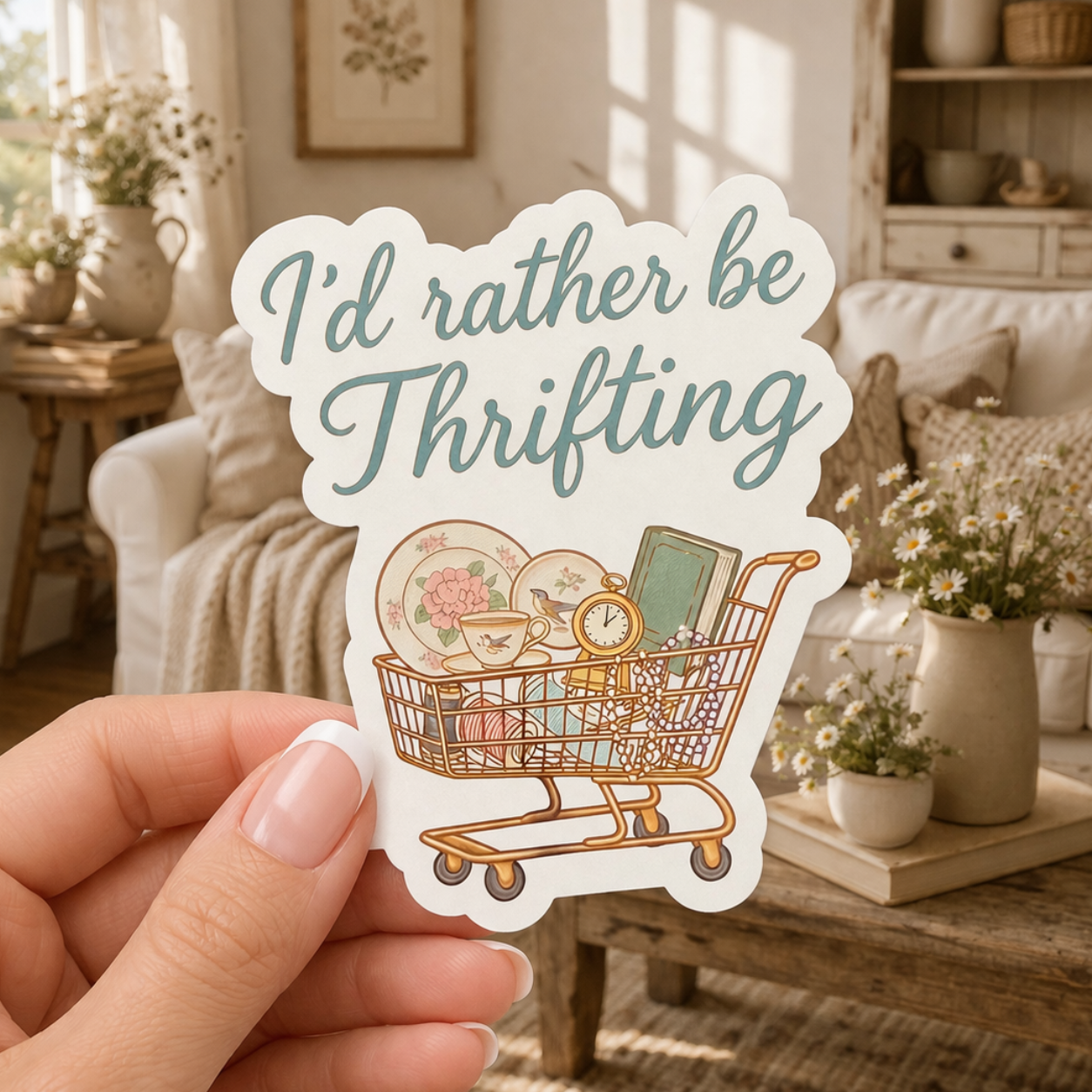 Hand holding a sticker with 'I'd rather be Thrifting' text in a cozy living room.