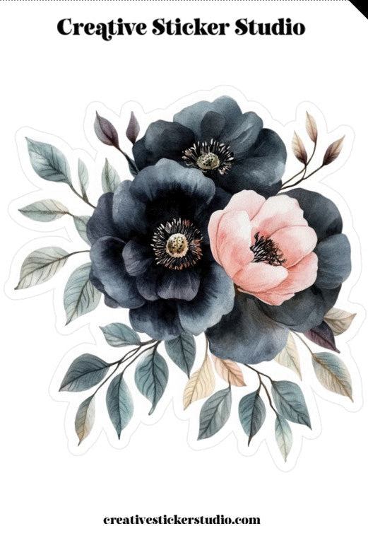 Floral design with pink and blue flowers on a white background, featuring 'Creative Sticker Studio' branding.