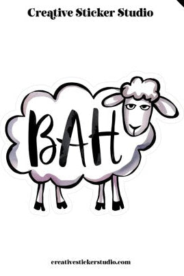 Sheep-shaped sticker with 'Bah' text on a white background, featuring the brand 'Creative Sticker Studio'.