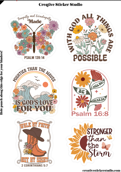 A sheet of six die-cut decorative stickers with inspirational quotes and floral/illustrative designs. The stickers include Bible verse references Psalm 139:14, Psalm 16:8, and 2 Corinthians 5:14, with phrases such as 'Faithfully and Wonderfully Made,' 'With God All Things Are Possible,' 'Highter Than the Houses Is God's Love For You,' 'Walk By Faith Not By Sight,' and 'Stronger Than the Storm.