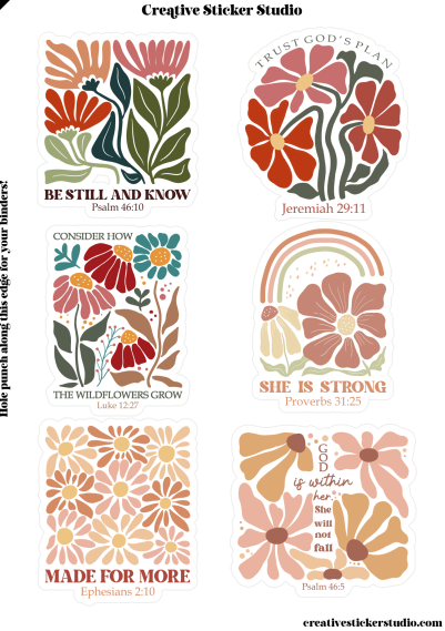 Six floral sticker designs arranged in a 2x3 grid on a white background, each with a different inspirational Bible verse. The designs feature retro-style flowers, leaves, a rainbow, and patterns in muted orange, pink, red, green, and beige tones.